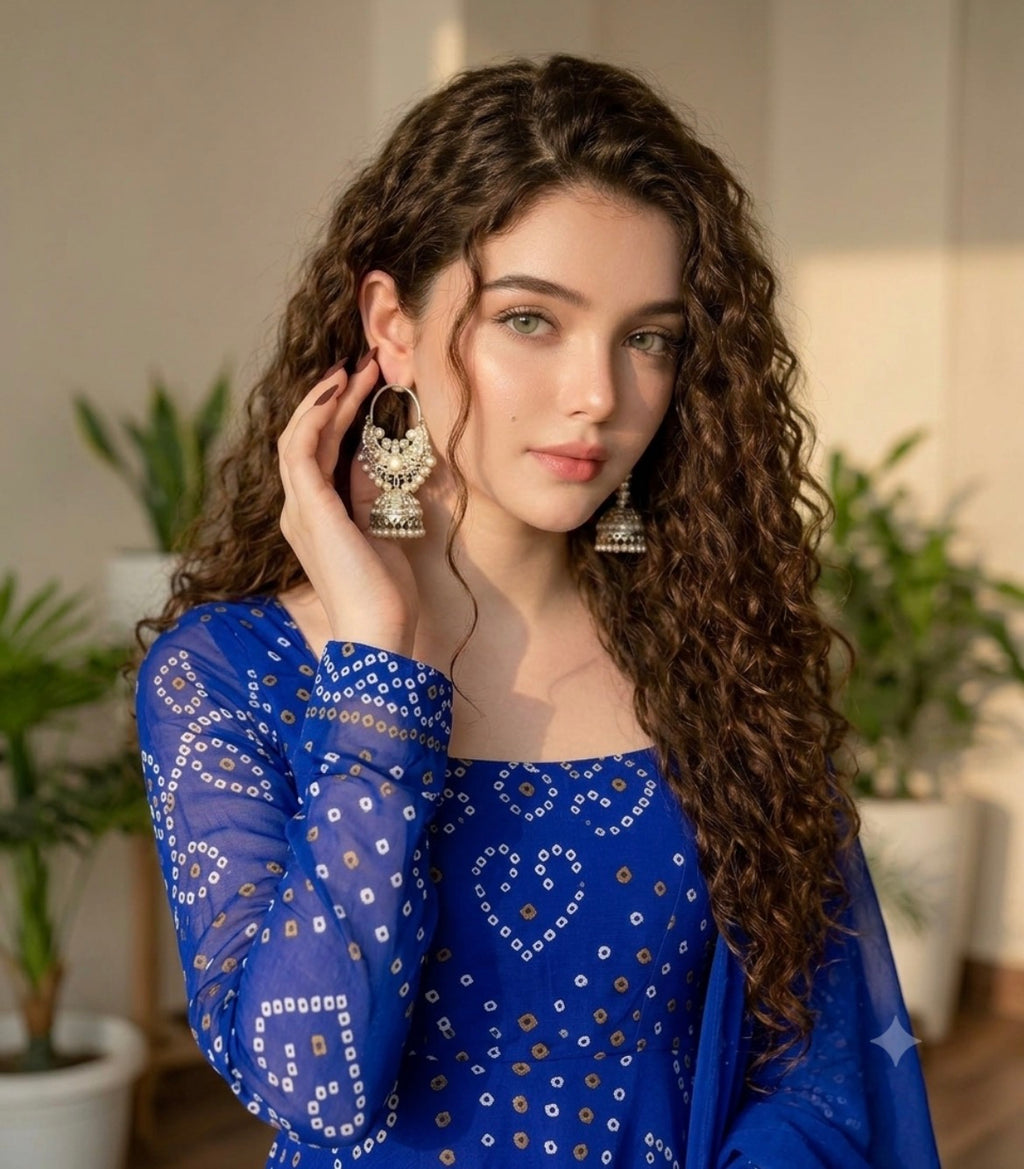Teal bandhani Anarkali suit