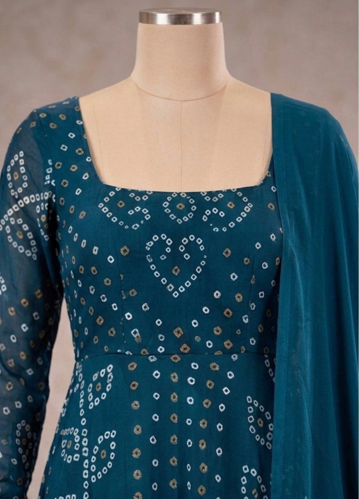 Teal bandhani Anarkali suit