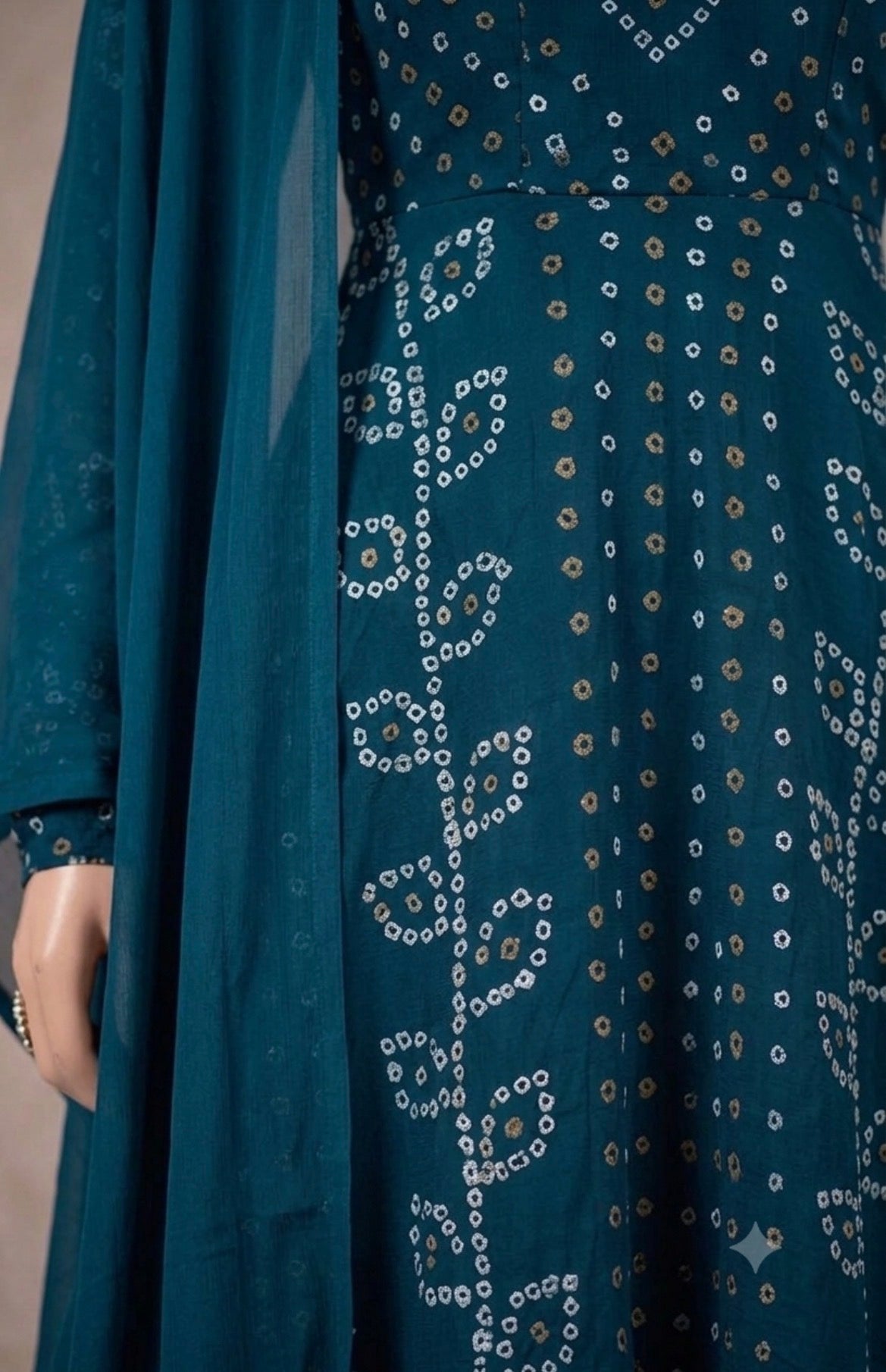 Teal bandhani Anarkali suit