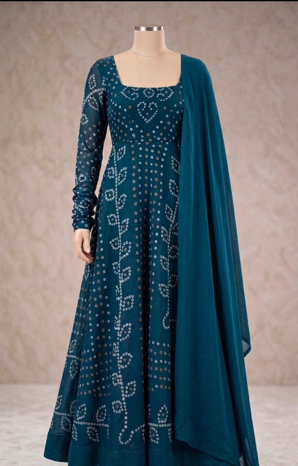 Teal bandhani Anarkali suit